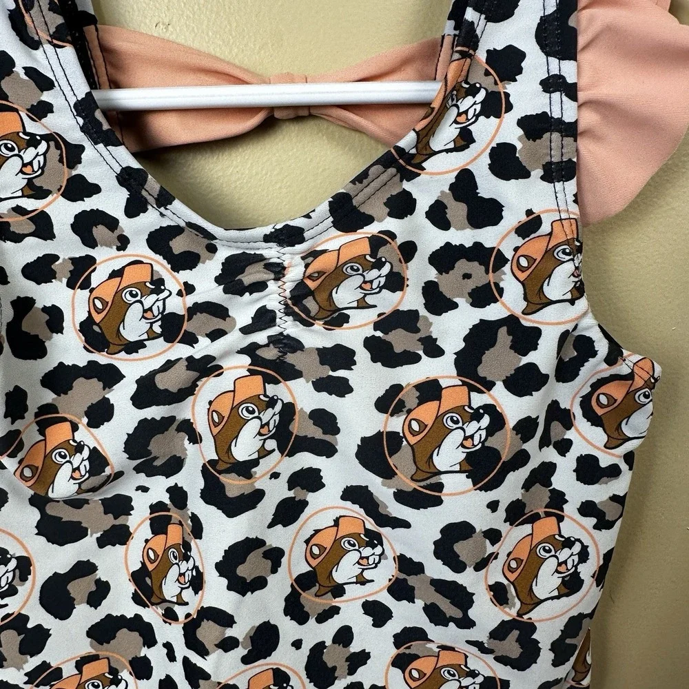 Buc-ee's 2T Baby Girl Leopard Print Beaver Logo Swimsuit‎ Ruffles & Bow